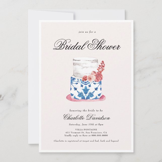 Invitation Gâteau méditerranéen Fête des mariées bleue rose (Devant)