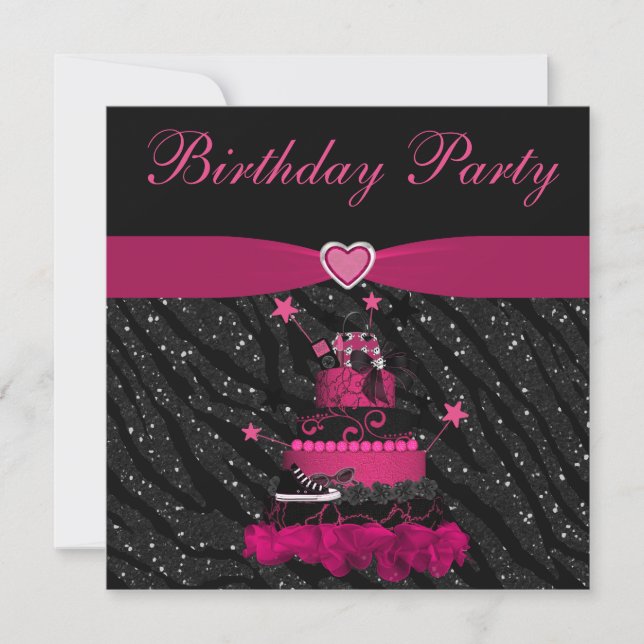 Invitation Gâteau rose branché et fête d'anniversaire Zebra S (Devant)
