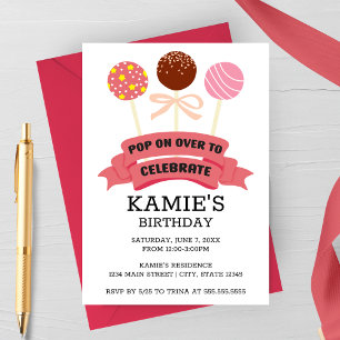 Invitation Gâteau Rose en Pops Anniversaire