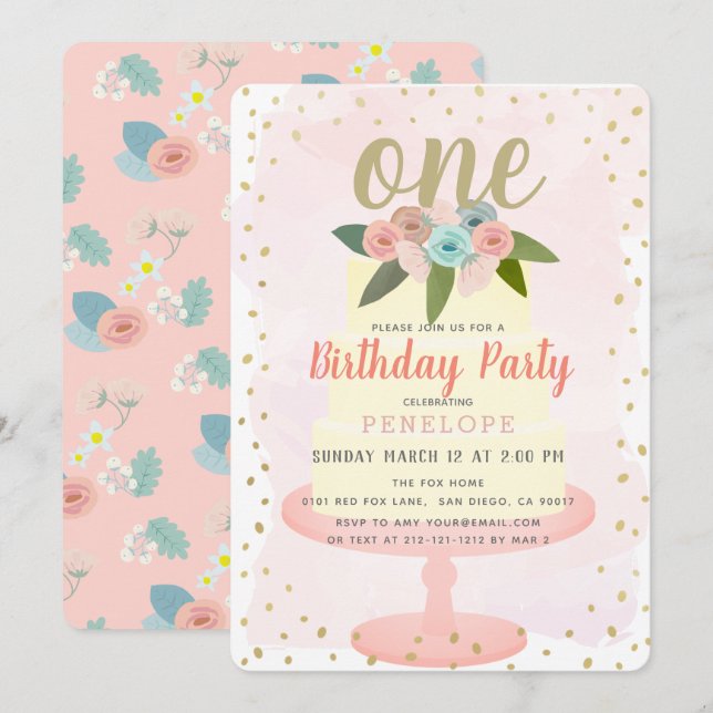 Invitation Gâteau rose floral fille 1er anniversaire Invitati (Devant / Derrière)
