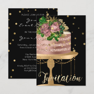 Invitation Gâteau Rose Gold Anniversaire Confettis Noirs Pail
