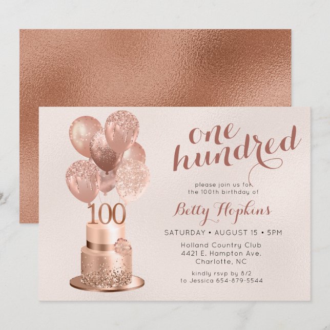 Invitation Gâteau Rose Gold pour 100e Anniversaire (Devant / Derrière)