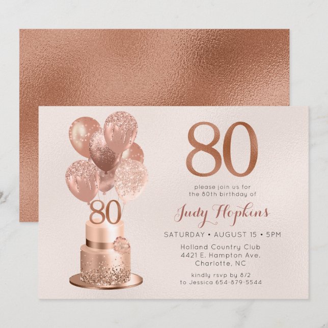 Invitation Gâteau rose gold pour 80e anniversaire (Devant / Derrière)