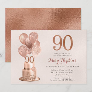 Invitation Gâteau Rose Gold pour 90e Anniversaire