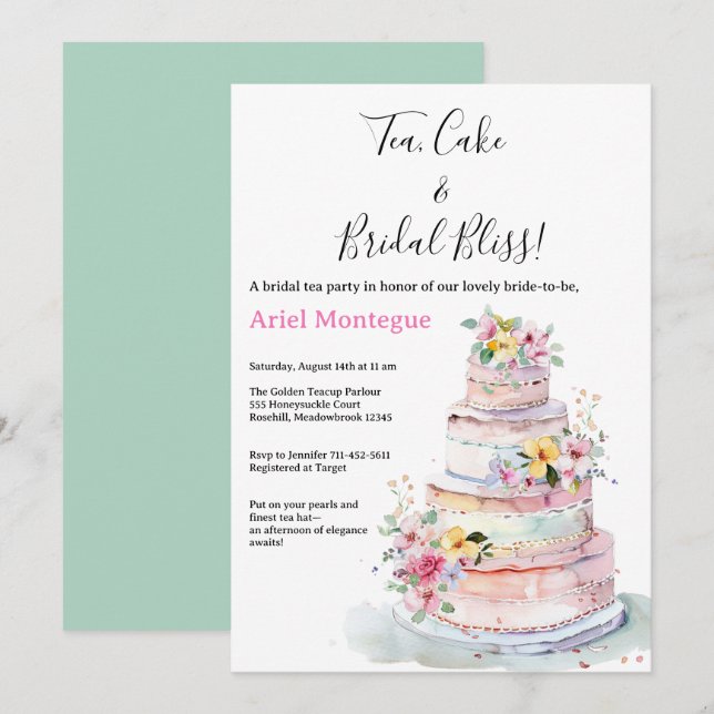 Invitation Gâteau rose pâle Vert Pastel Thé nuptial (Devant / Derrière)