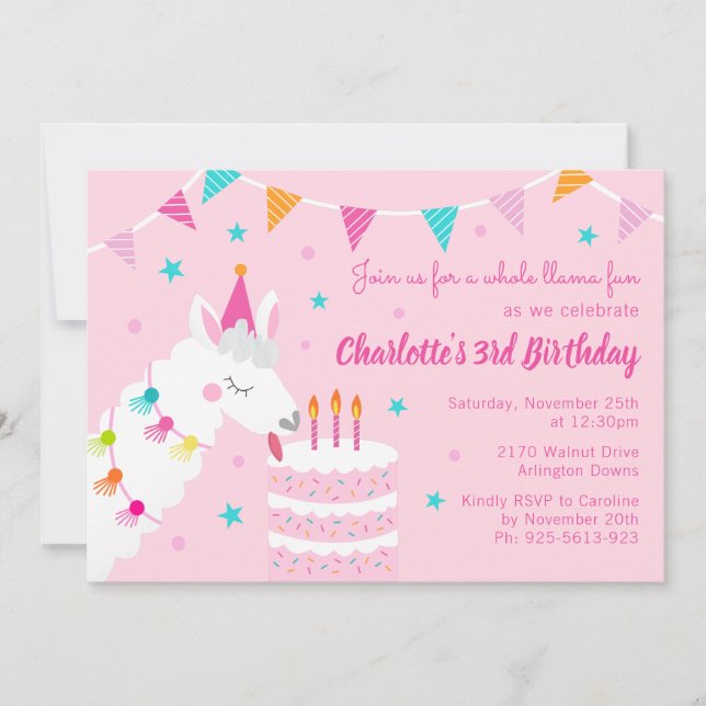 Invitation Gâteau tout Llama amusant 3e anniversaire rose (Devant)