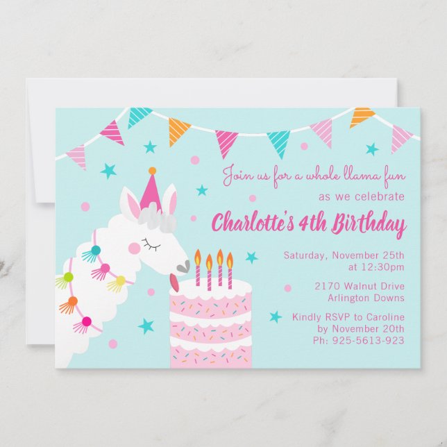 Invitation Gâteau tout Llama amusant 4e anniversaire Aqua (Devant)