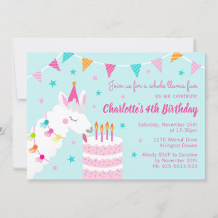 Invitation Gâteau tout Llama amusant 4e anniversaire Aqua