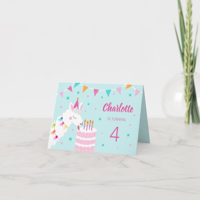 Invitation Gâteau tout Llama amusant 4e anniversaire Aqua (Devant)