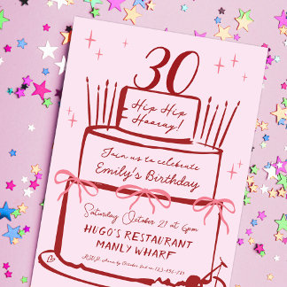 Invitation Gâteau vintage avec nœuds roses pour 30e anniversa