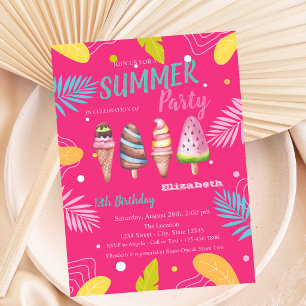 Invitation Gâteaux glacés Feuilles Tropicales Rose Anniversai