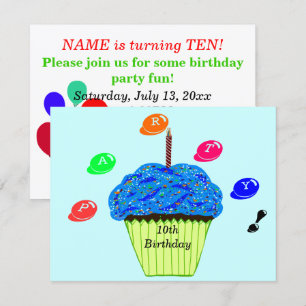 Invitation Gâteaux pour 10ème Anniversaire Bleu Vert Fête Tou
