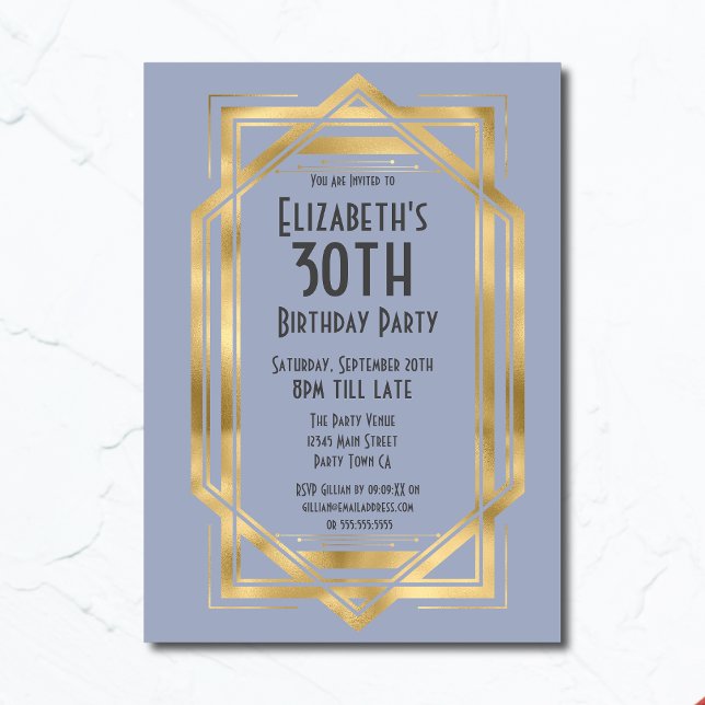 Invitation Gatsby 1920 Art Déco Blue | Gold 30th Birthday (Créateur téléchargé)