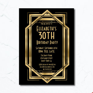 Invitation Gatsby 1920 Art Déco Noir   Or 30e Anniversaire