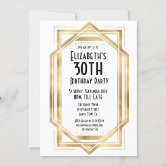 Invitation Gatsby 1920s Art Déco Blanc | Or 30e Anniversaire