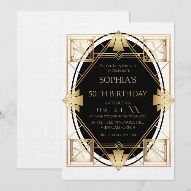 Invitation Gatsby Art Deco 50th Birthday Party (Devant / Derrière)