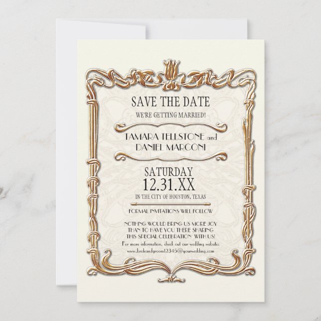 Invitation Gatsby Art Déco Nouveau dentelle Faux Gold Tulip (Devant)