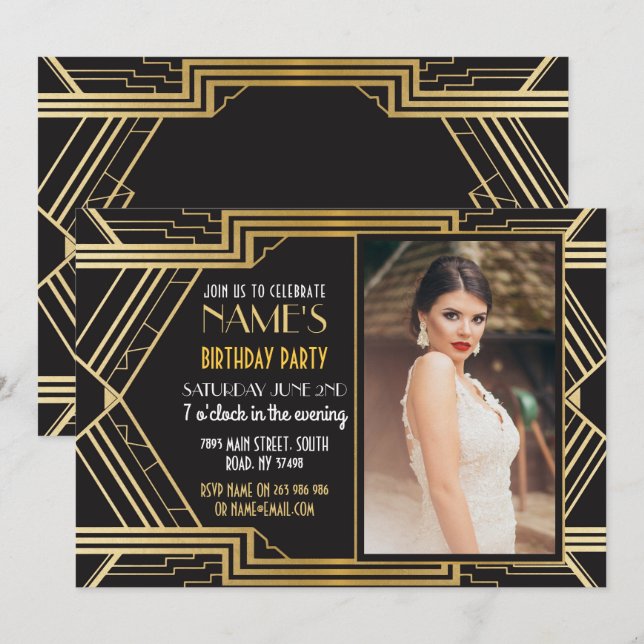 invitation Gatsby de photo de fête d'anniversaire (Devant / Derrière)