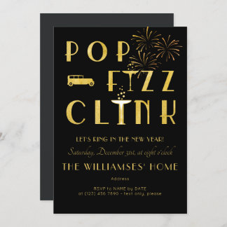 Invitation Gatsby Pop Fizz Clink Art Deco New Years Eve Black