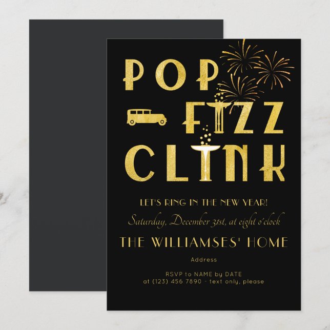 Invitation Gatsby Pop Fizz Clink Art Deco New Years Eve Black (Devant / Derrière)