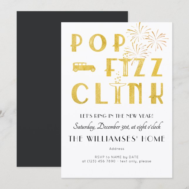 Invitation Gatsby Pop Fizz Clink Art Deco New Years Eve Party (Devant / Derrière)