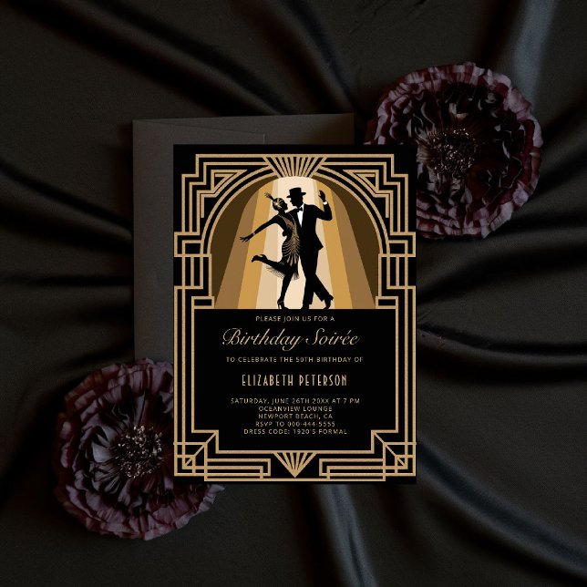 Invitation Gatsby Roaring 1920 Anniversaire Art déco en or no (gatsby party invitation roaring 1920s art deco gold black flapper frame elegant classy business )