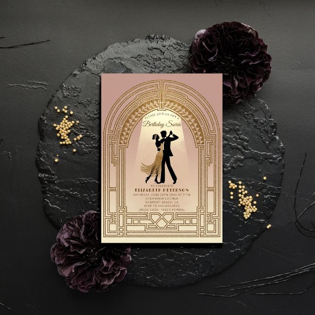 Invitation Gatsby Roaring Années 20 Déco Arch rose Anniversai (gatsby party invitation roaring twenties 1920s art deco nouveau arch frame business corporate event)