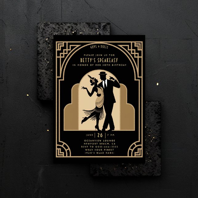 Invitation Gatsby Speakeasy Flapper Roaring 20s Déco Annivers (gatsby party invitation speakeasy roaring 1920s twenties nouveau deco flapper dance gold elegant)