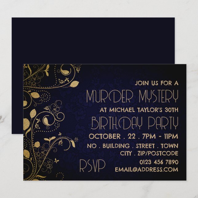 Invitation Gatsby Style, Meurtre Mystère fête d'anniversaire (Devant / Derrière)
