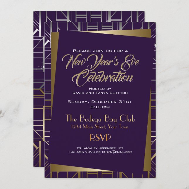 Invitation Gatsby Style NYE Gold et Midnight Blue (Devant / Derrière)
