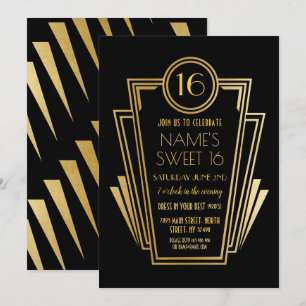 Invitation Gatsby Sweet 16 Birthday Party Art Déco 1920 Gold