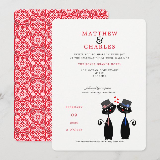 Invitation Gay Couple LGBTQ Mariage Cute Chats Noirs (Devant / Derrière)