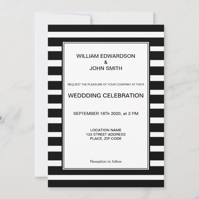 Invitation Gay Mr & Mr moderne noir rayures blanches Mariage (Devant)