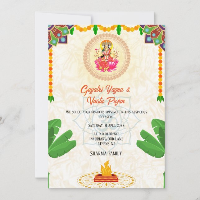 Invitation Gayatri Yagna Vastu Pujan Floral indien hindou (Devant)