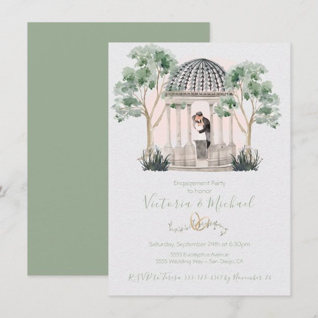 Invitation Gazebo aquarelle avec mariée et mariée eucalyptus (Devant / Derrière)