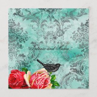 Invitation GC| Oiseaux et Roses Vintages| Damas turquoise