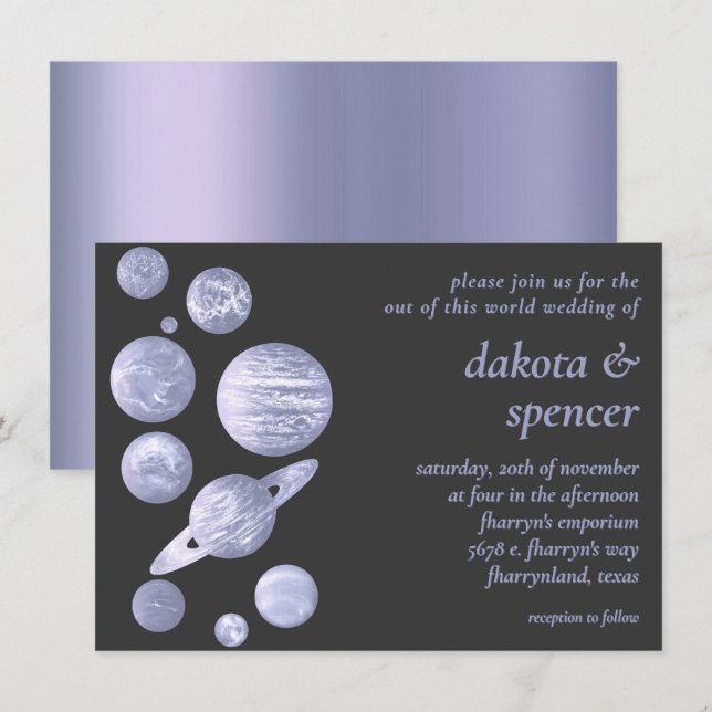 Invitation Geek Chic Mariage | Dusty Lavender Purple Planètes (Devant / Derrière)