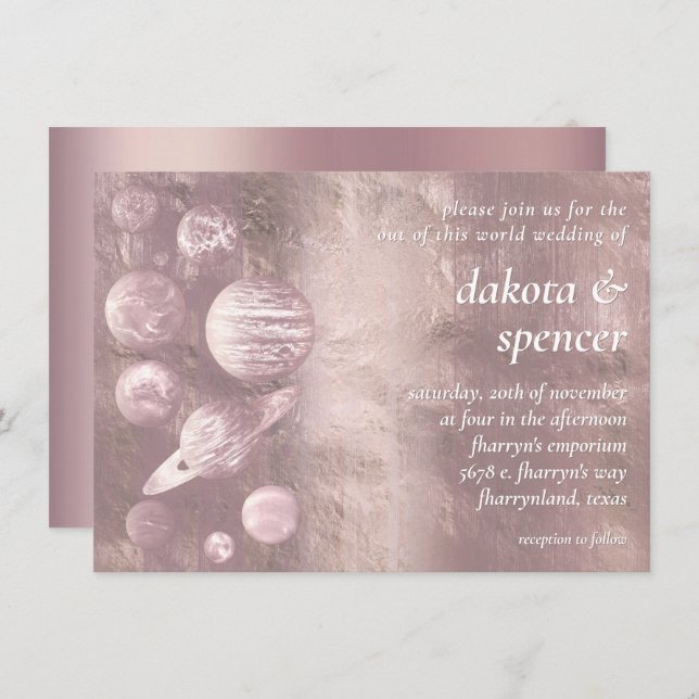 Invitation Geek Chic Mariage | Planètes Roses Brutes Mauves D (Devant / Derrière)