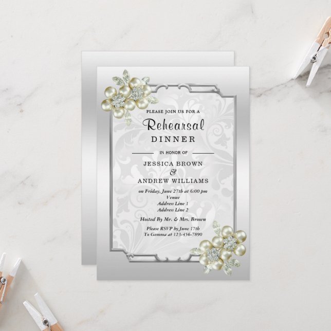Invitation Gem Floral, Répétition Mariage encadrée d'argent (Devant/Arrière en situation)