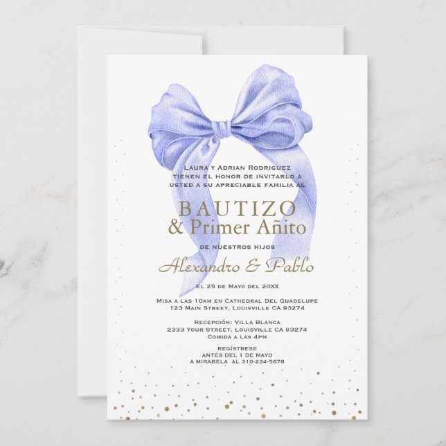 Invitation Gemelos Blue Bow Hijos Primer Añito Bautizo (Devant)