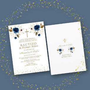 Invitation Gemelos Fleurs Bleues Hijos Primer Añito Bautizo