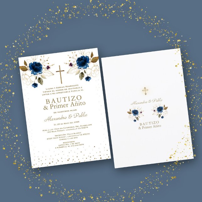 Invitation Gemelos Fleurs Bleues Hijos Primer Añito Bautizo (Créateur téléchargé)