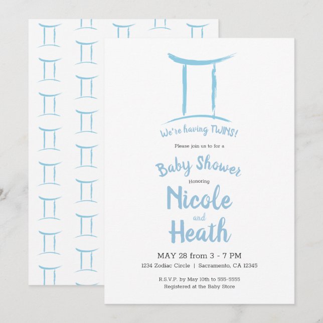 Invitation Gemini Zodiac Astrologie Bleu Mai Juin Baby shower (Devant / Derrière)