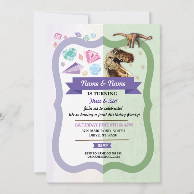 Invitation Gemstones & Dinosaur Joint Garçon Girl Anniversair (Devant)