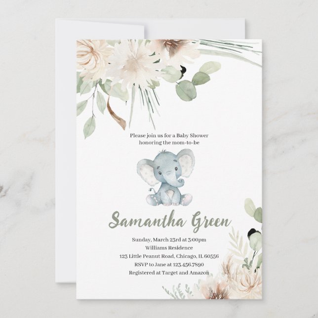 Invitation Gender Neutral Elephant Baby Shower (Devant)