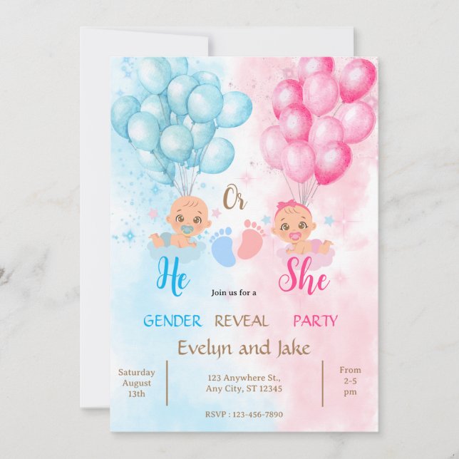 Invitation Gender reveal baby shower blue pink boy girl (Devant)