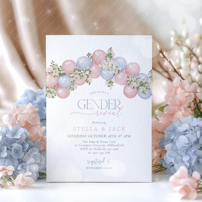 Invitation Gender Reveal Pink Blue Balloon Floral Boy Girl (Pink and Blue Gender Reveal Invitation with balloon garland and florals)