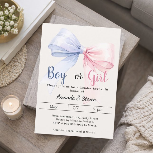 Invitation Gender reveal pink blue bow ivory boy girl (Créateur téléchargé)