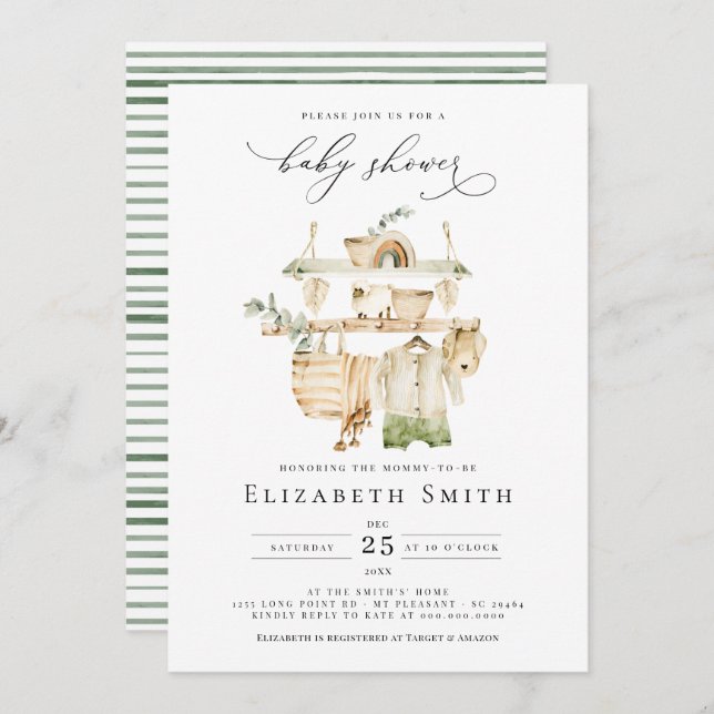 Invitation Genre Neutre Boho Verdure Baby shower rustique (Devant / Derrière)