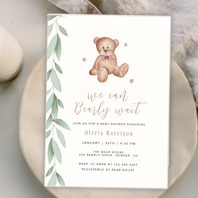 Invitation Genre Neutre Boho Verdure Nous Pouvons Attendre (Gender Neutral Boho Greenery We Can Bearly Wait Invitation)